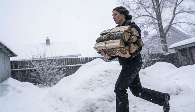 Woman carrying tied bundle of firewood through snowy backyard during heavy snowfall