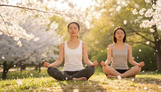Asian women meditating in cherry blossom park, sunlight, petals drifting, spring mindfulness