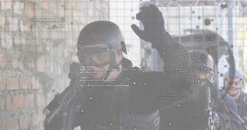 Tactical police team clearing urban corridor with digital world map and cryptic code overlay