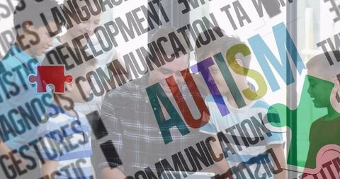 Autism awareness with teacher and children in classroom