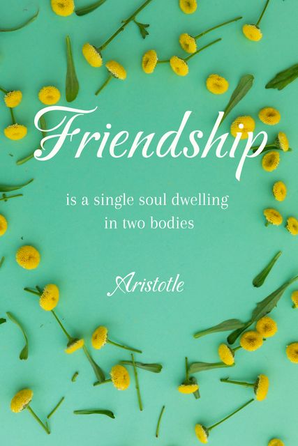 Bright green background with scattered yellow flowers and an inspirational quote about friendship attributed to Aristotle. Perfect for designing greeting cards, posters, or social media posts celebrating connections and soulful bonds.