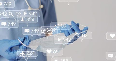 Female healthcare worker holding mask closeup with gloves and stethoscope, social media icons overla