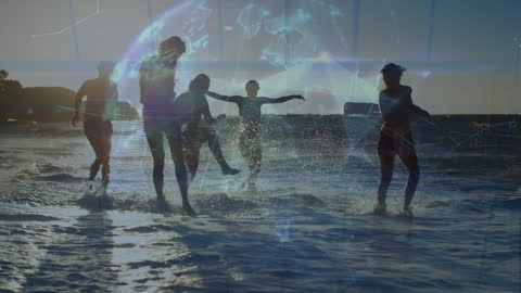 Diverse Group of Friends Enjoying Beach at Sunset with Global Digital Overlay