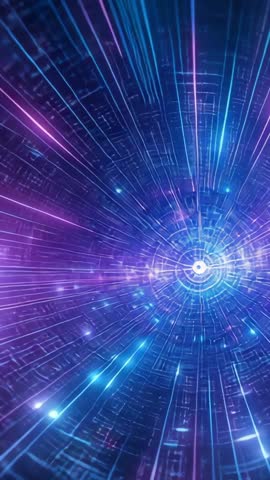 Pulsing orb launching neon lines through digital grid vertical tunnel, futuristic motion