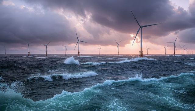 Offshore wind turbines amidst dramatic ocean waves at sunset