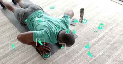 Man performing push-up with digital fitness metrics overlay for home workout