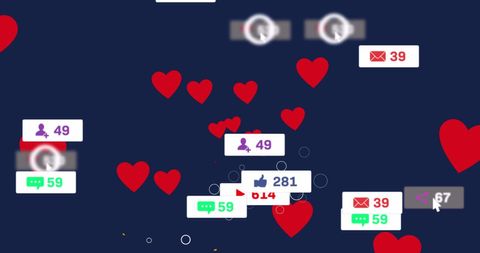 Social Media Engagement Icons with Floating Hearts on Navy Background - Download Free Stock Images Pikwizard.com