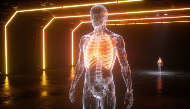 Translucent human anatomy hologram showcasing glowing ribcage in neon exhibition hall