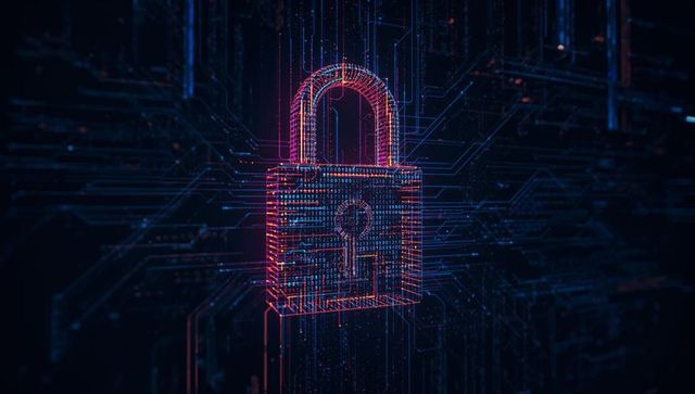 Futuristic cybersecurity concept with neon padlock and circuit grid