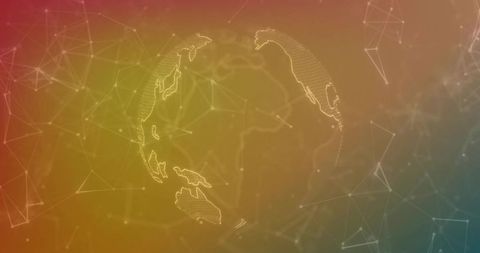 Dotted wireframe globe pulsing with data nodes and network connections on gradient
