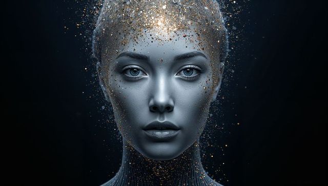 Chrome cybernetic female portrait with gold flecks and futuristic circuitry ai avatar