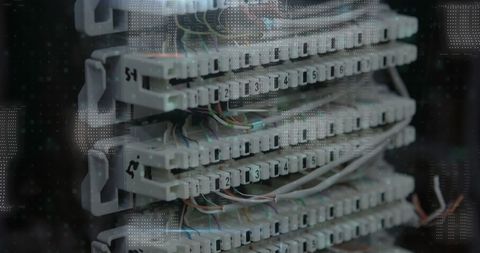 Close-up of connected server hardware with digital data overlay