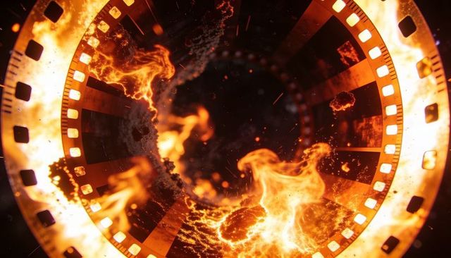 Burning filmstrip tunnel — fiery circular reel with embers and charred frames