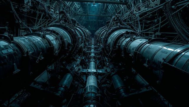 Futuristic symmetric engine bay with central pipeline, cable bundles and flanges