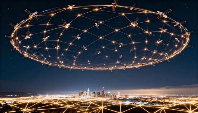 Orbital satellite mesh encircling metropolis night skyline with glowing connectivity web smart