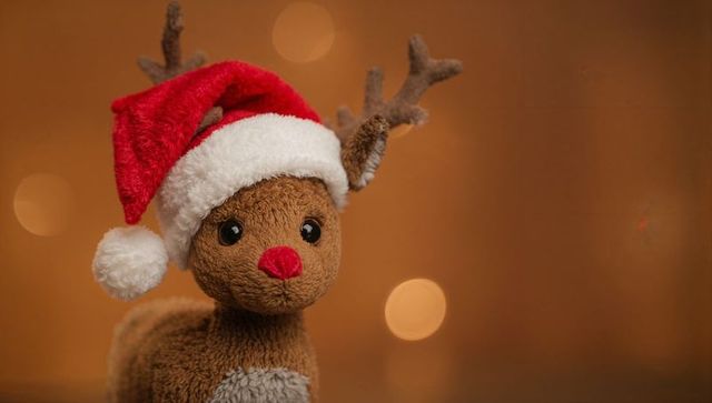 Plush reindeer wearing santa hat with warm bokeh lights cozy holiday tabletop closeup