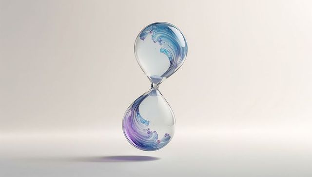 Floating hourglass with swirling liquid in minimalist space