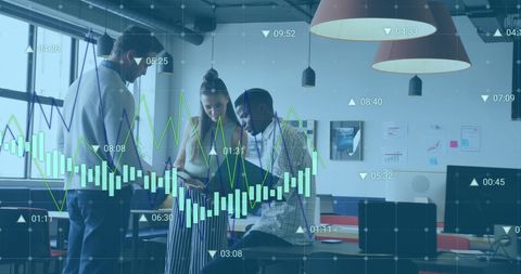 Team Analyzing Data with Digital Graph Overlays in Modern Office