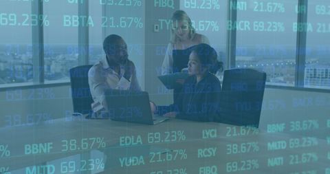 Business team discussing financial data with virtual stock overlay