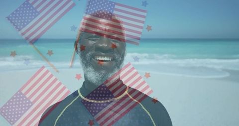 Celebrating Beach Outdoorsman American Flag Overlaid