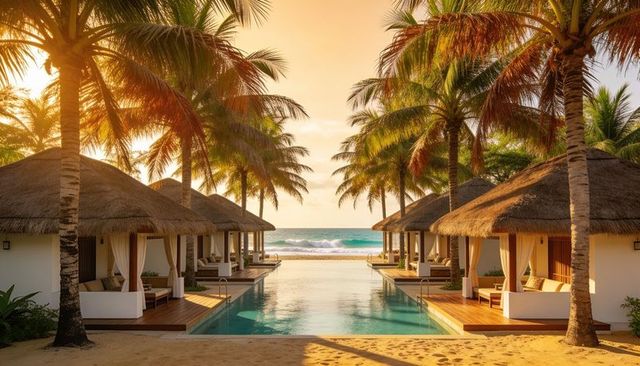 Sunlit infinity pool leading to ocean framed by thatched cabanas and palm trees at sunset