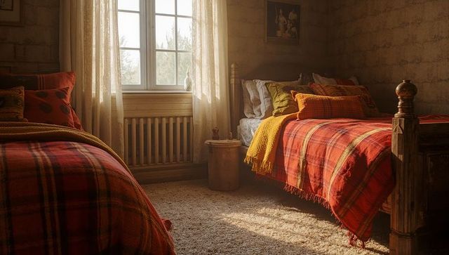 Cozy Cabin Bedroom with Warm Light and Vintage Plaid Bedding