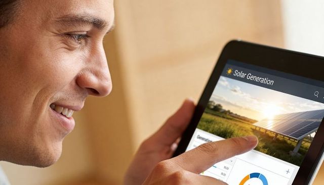 Businessman Using Tablet to Monitor Solar Generation Dashboard and Energy Analytics in Office