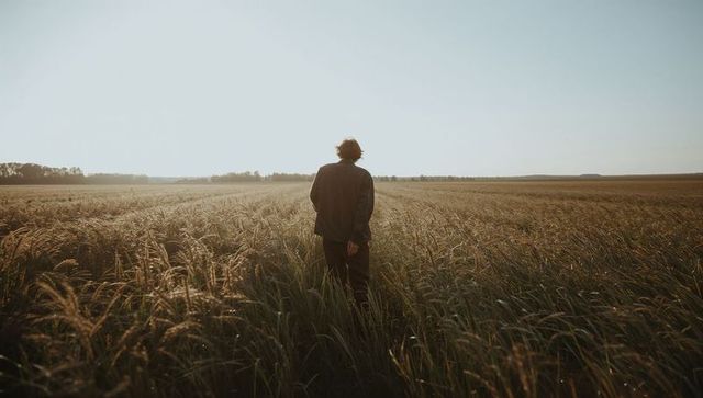 Walking into golden wheat field at sunrise, backlit grasses and solitary man