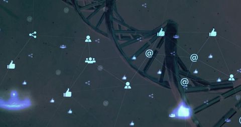 Silhouette interacting with dna network showing social data connectivity and cyberbio links