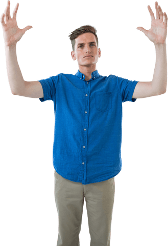 Transparent Image of Man in Blue Shirt with Raised Hands - Download Free Stock Videos Pikwizard.com
