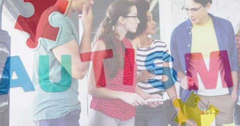 Diverse Team Collaborating with Autism Awareness Overlay