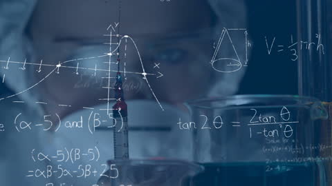 Animated Scientific Formulas Overlaying Scientist in Laboratory
