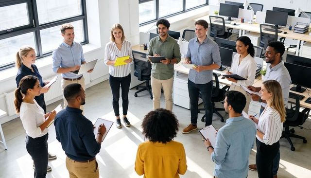 Standing collaborative office team holding tablets and notebooks during group briefing