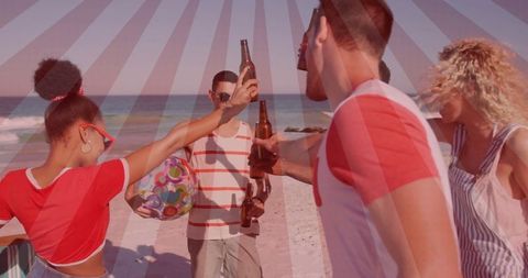 Joyful Beach Gathering: Friends Toasting on Sweeping Shore by Ocean