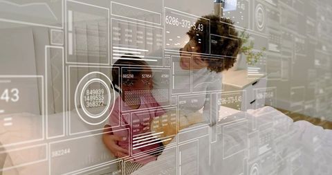 Mother cradling toddler on bed with translucent digital health dashboard and data overlay