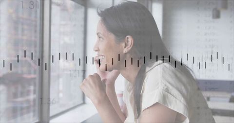 Young Businesswoman Engaged in Phone Call with Urban Cityscape and Waveform Overlay