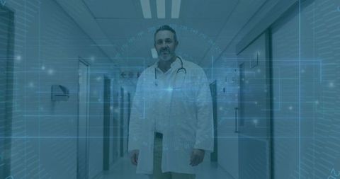 Mature physician standing in hospital corridor with stethoscope and blue futuristic HUD overlay