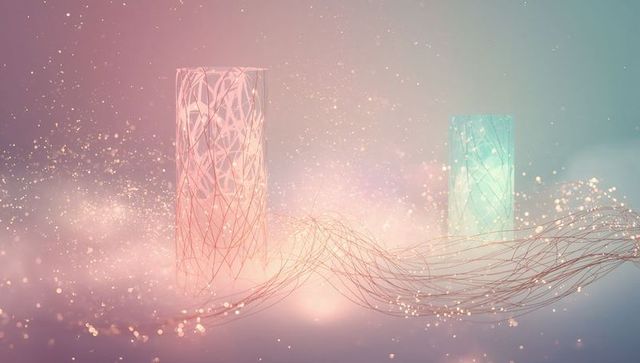 Glowing pastel network columns linking with luminous filaments in ethereal haze