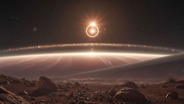 Sunrise on alien planet with ring system featuring total eclipse
