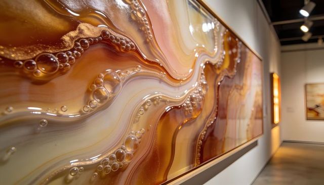 Glossy amber resin wave abstract artwork showcasing banded bubble textures