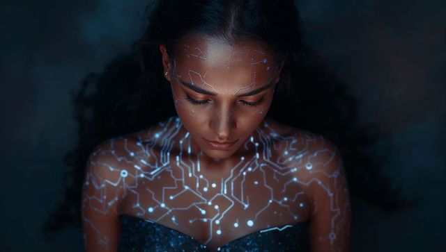 Futuristic gazing female with neon blue circuitry pattern on skin wearing sparkly strapless top