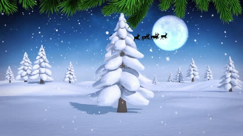Festive Winter Wonderland with Santa's Sleigh Under Moonlight