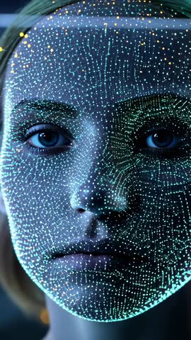 Facial Scan Rotating into Frontal View Vertical Video – Teal Dot Matrix 3D Mesh Portrait