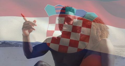Smiling couple on sunny beach with croatian flag overlay celebrating summer romance