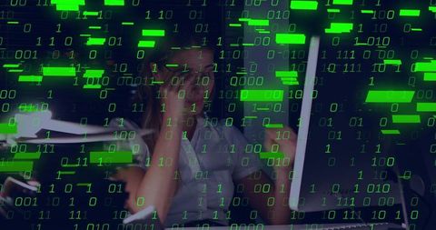 Woman Analyzing Code Streams at High-Tech Workstation