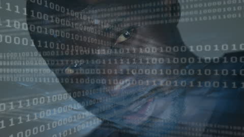 Binary Code Overlapping Pensive Male Profile in Digital Interface