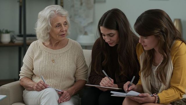 Intergenerational women collaborating and taking notes during cozy mentoring session at home