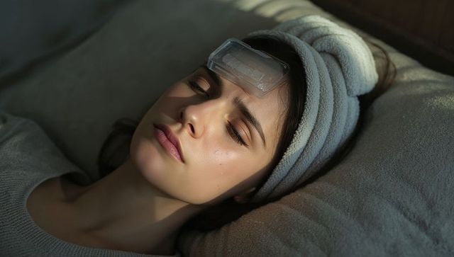 Young woman resting with cold gel pack on forehead and towel turban for headache relief