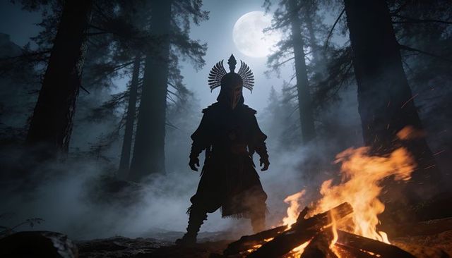 Silhouetted armored warrior under full moon in foggy pine forest with campfire and plumed helmet