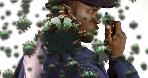 Focused Worker Using Walkie Talkie Amidst Digital Virus Representation